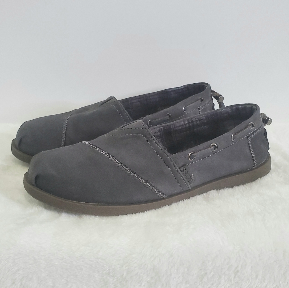 BOBS Skechers Chill Luxe Buttoned Up Gray Suede Faux Leather Flats Shoes Size 8